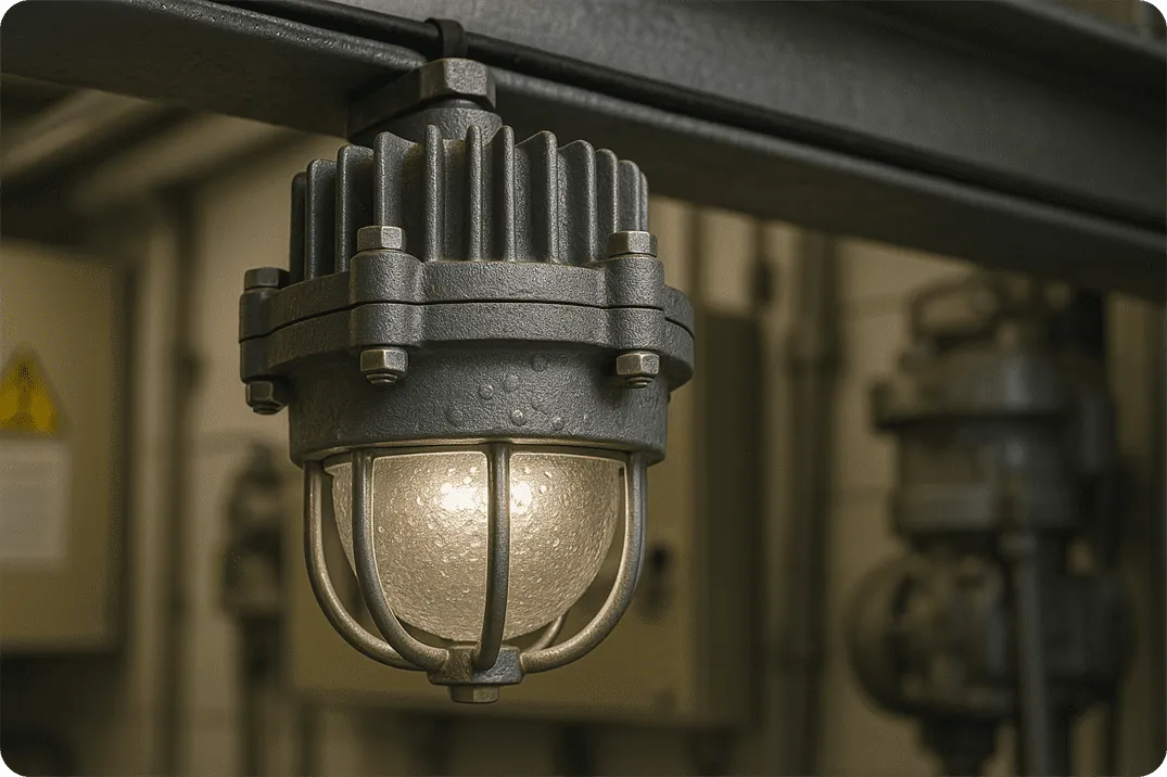 Close-up of a rugged explosion-proof LED light fixture with a sealed aluminum body and glass dome, installed in a dusty mechanical space