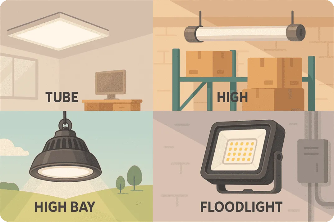 Illustration comparing different LED light fixture types with contextual backgrounds for commercial and industrial applications