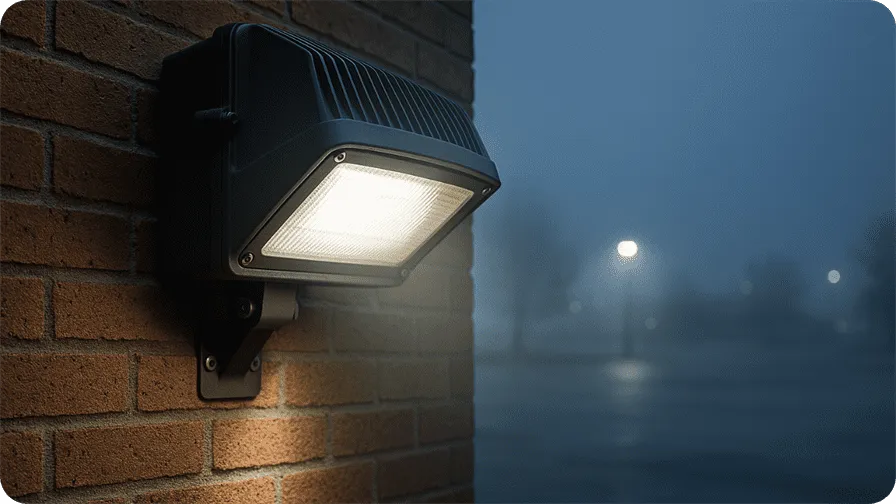 Close-up of a high-lumen LED wall pack light in use on a brick wall, highlighting its wide beam and durable outdoor design