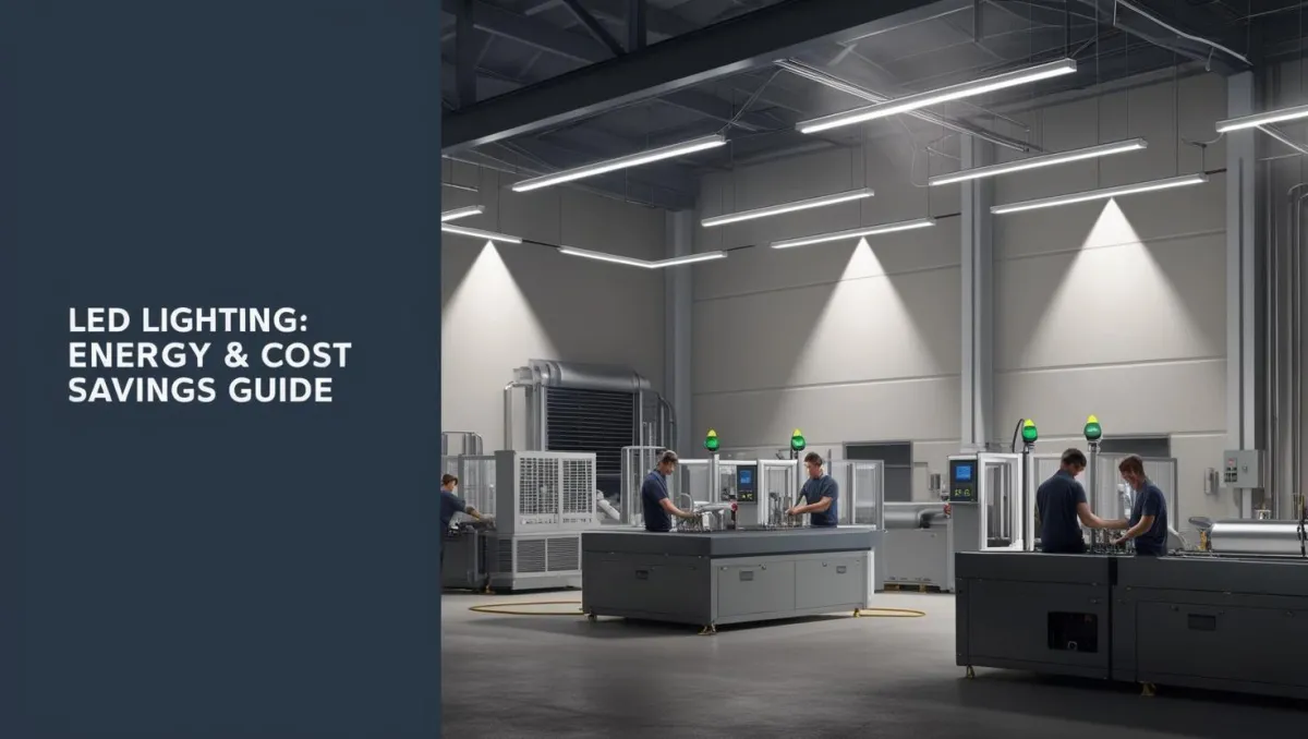 Smart LED lighting illuminating a large industrial facility, showcasing energy-efficient systems and automation for cost savings