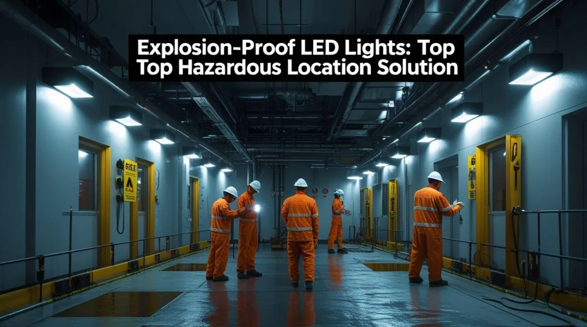 Explosion-proof LED lighting illuminating a hazardous industrial environment with safety signage