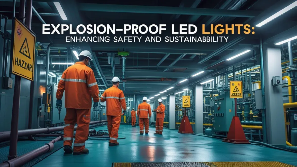 Explosion-proof LED lighting illuminating a hazardous industrial environment with safety signage