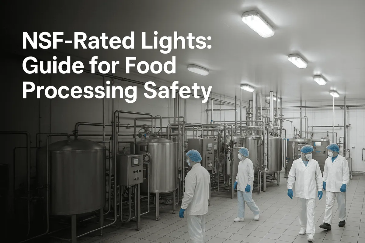 Food processing facility illuminated by NSF-rated LED lighting, highlighting hygienic conditions and safety compliance