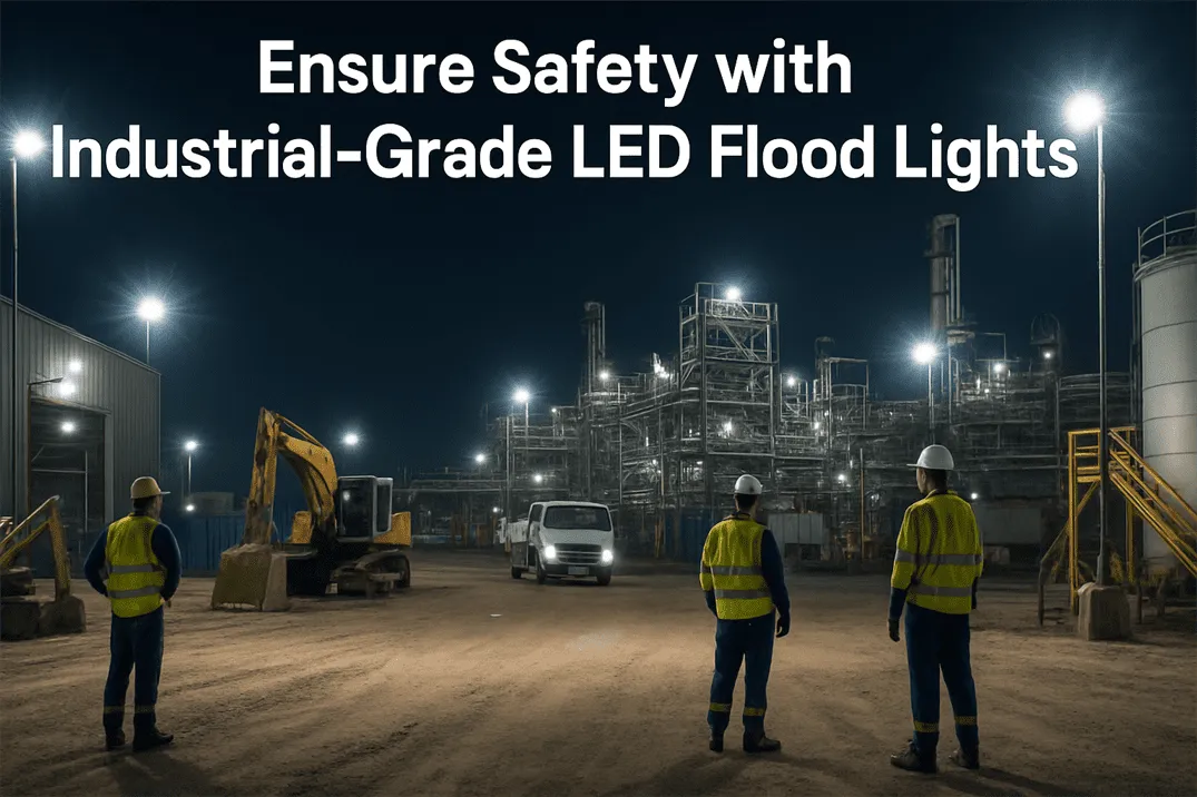 Industrial setting illuminated by industrial-grade LED flood lights, enhancing visibility and safety for workers