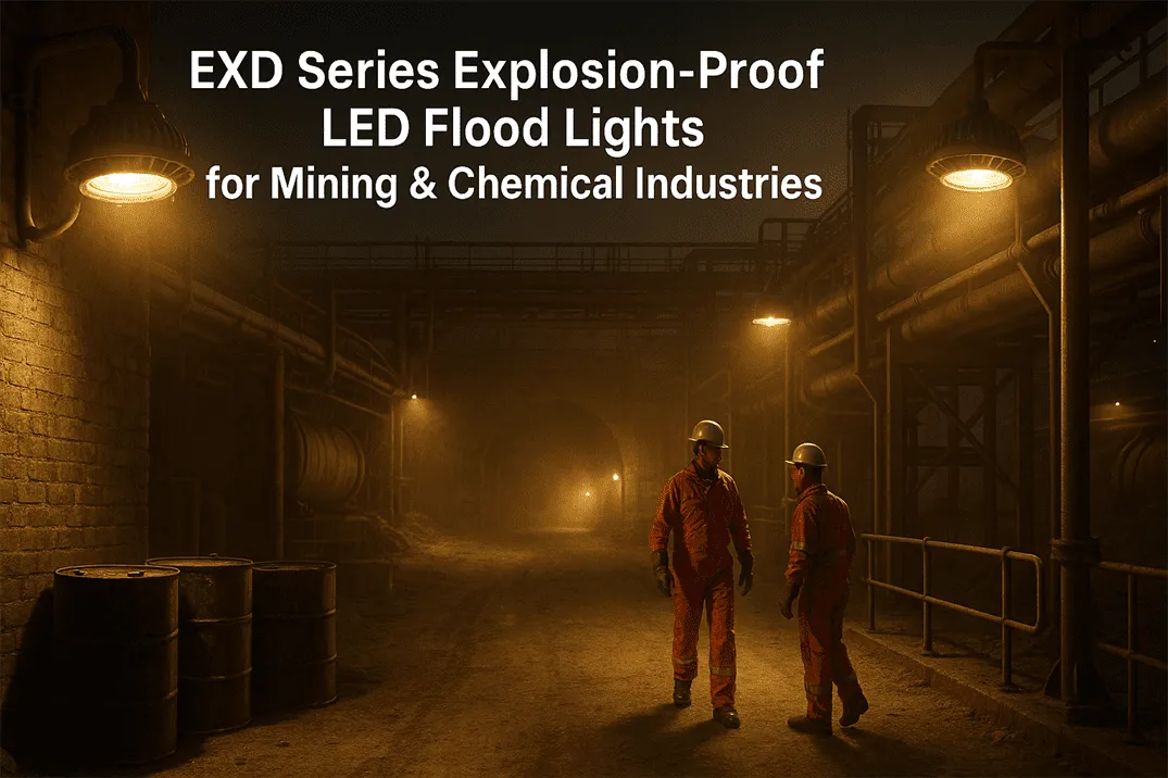 EXD Series explosion-proof LED flood lights in use at a mining or chemical facility, illuminating hazardous zones with Class 1 Division 1 safety