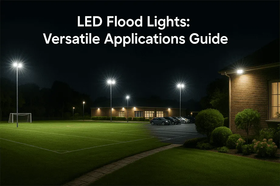 High-lumen LED flood lights illuminating a sports field, commercial parking lot, and residential garden, showcasing versatility and energy efficiency