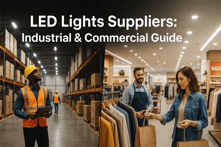 Industrial warehouse and commercial retail space illuminated by high-efficiency LED lighting, enhancing visibility and safety