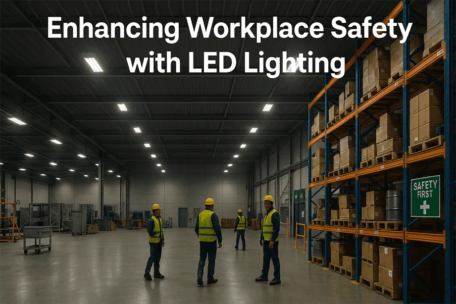 Industrial warehouse illuminated by high-efficiency LED lighting, enhancing visibility and safety