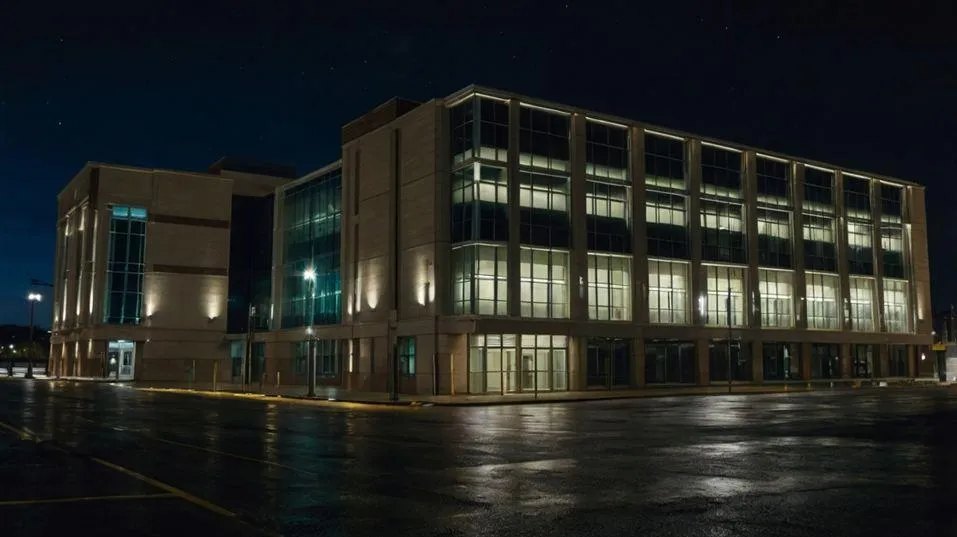 LED flood lights illuminating a commercial building exterior