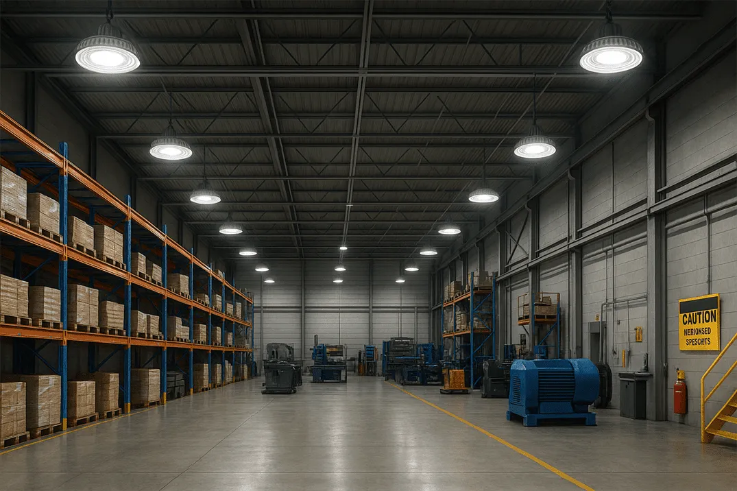 Industrial warehouse with high-lumen LED lighting