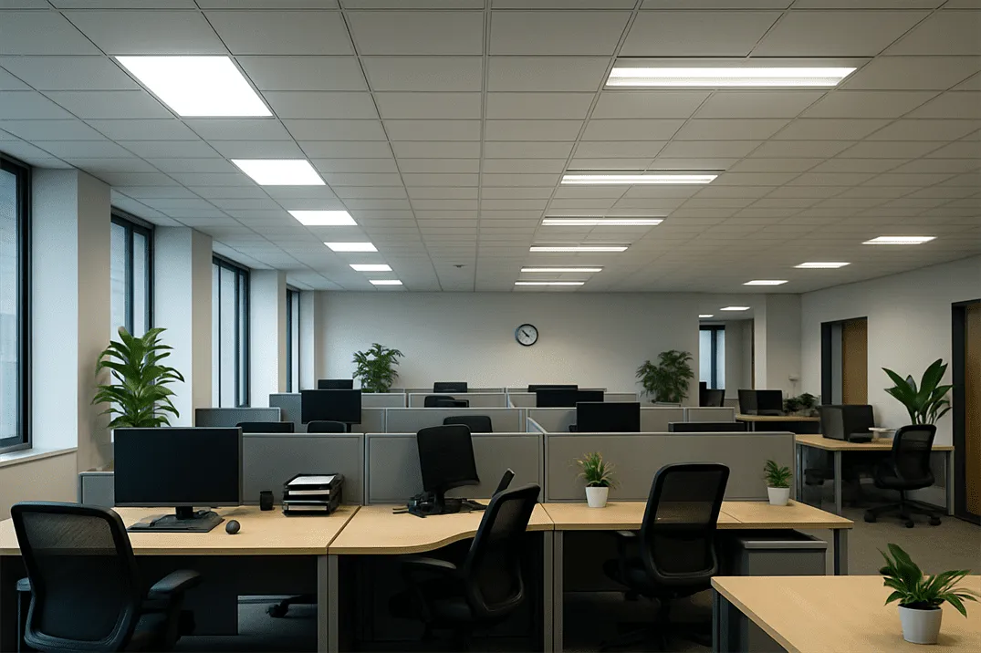 Office space with LED and fluorescent lighting