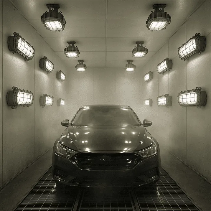 Explosion-proof LED lighting in an automotive paint booth