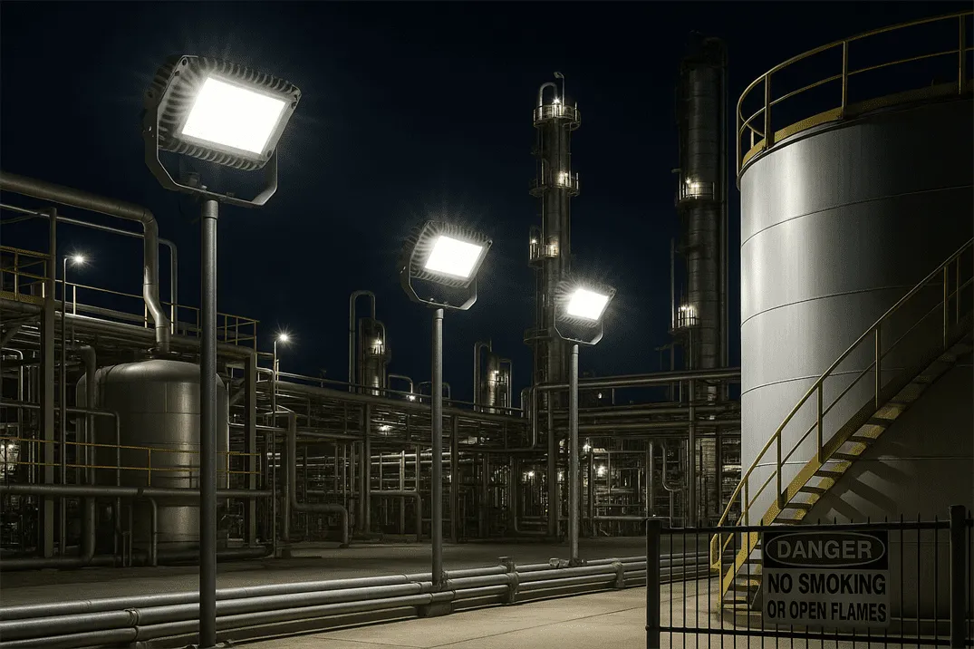 Class 1 Division 2 LED flood lights illuminating an industrial facility