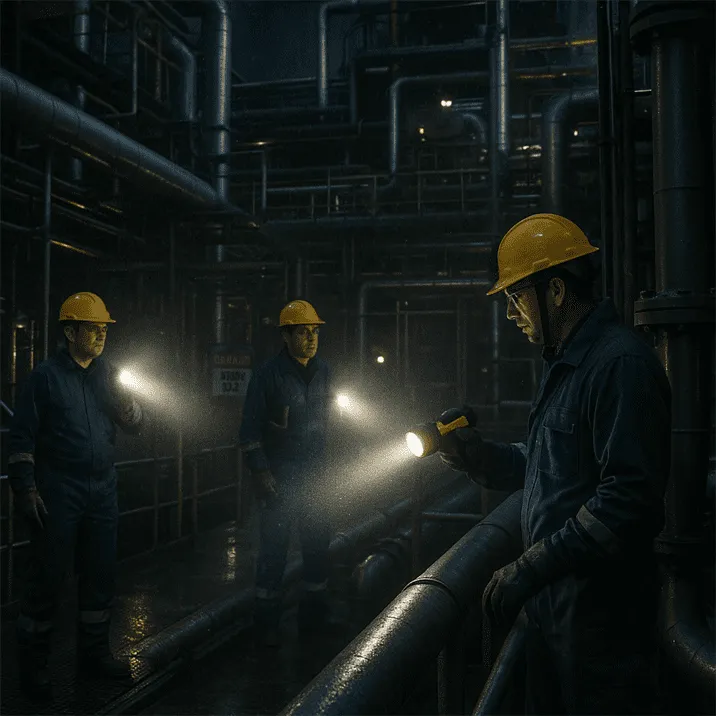 Workers using explosion-proof LED flashlights in an industrial facility