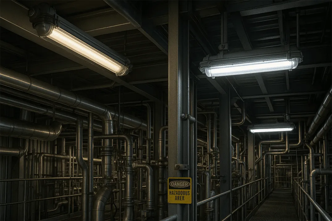Industrial facility with fluorescent and LED explosion-proof lighting
