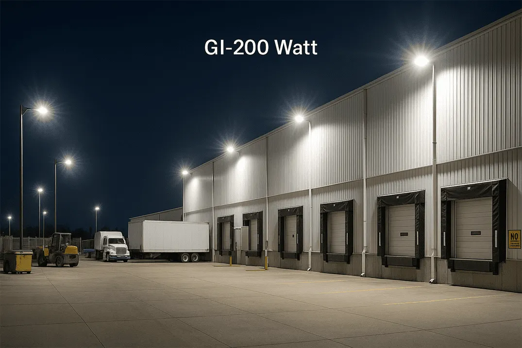 Industrial facility illuminated by GI-200 Watt LED flood lights