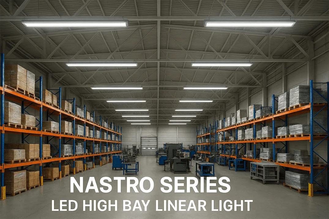 Industrial warehouse illuminated by Nastro Series LED High Bay Linear Light Fixtures