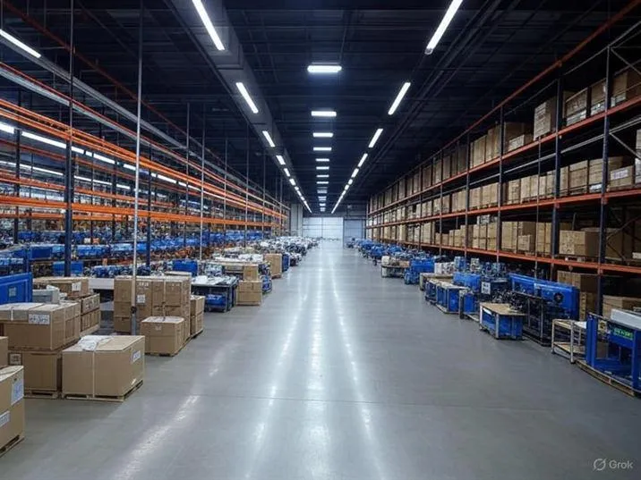 Industrial warehouse illuminated by FYT Series LED High Bay fixtures