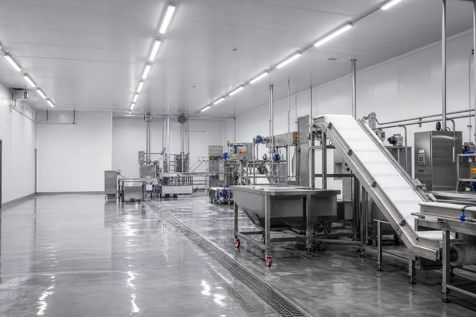 Sanitary food processing line illuminated by washdown-ready LED fixtures