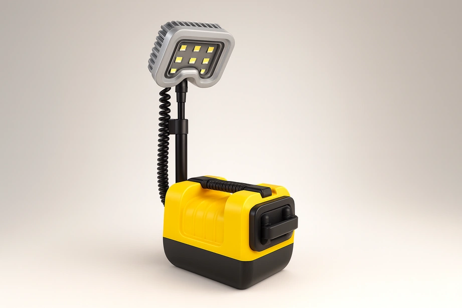 3D render of a portable explosion-proof LED work light with rugged yellow-black housing, telescoping arm, coiled power cord, and aimable lamp head for hazardous-location jobsites.