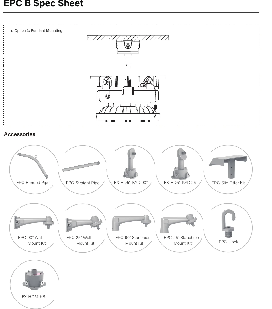 EPC-B wall, pole and pendant mounting diagrams with accessories