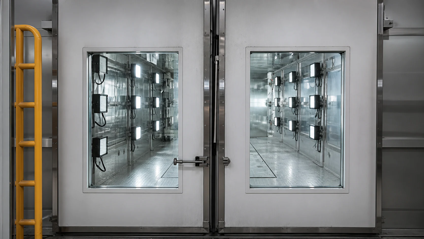 Industrial oven exterior with RT-IL 150°C 50 W fixtures visible through the doors.